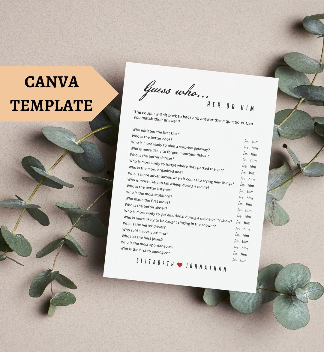 Editable Guess Who Game Canva Template Wedding Quiz Bridal Etsy