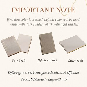 May include: Two vow books with gold-toned borders, one officiant book with a textured cover and gold-toned border, and one guest book with a smooth cover and gold-toned edge. Text reads: IMPORTANT NOTE, Vow Book, Officiant Book, Guest book.