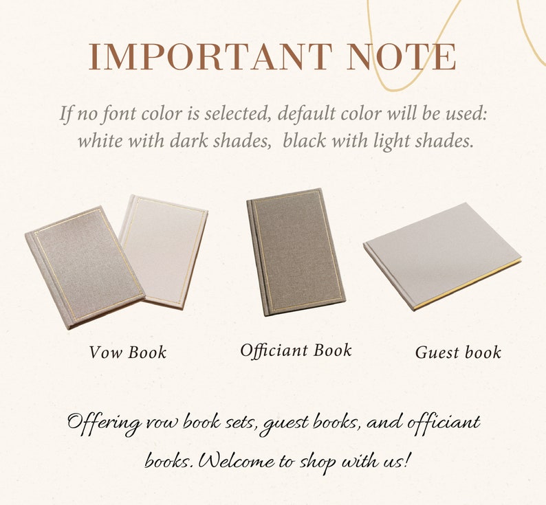 May include: Two vow books with gold-toned borders, one officiant book with a textured cover and gold-toned border, and one guest book with a smooth cover and gold-toned edge. Text reads: IMPORTANT NOTE, Vow Book, Officiant Book, Guest book.