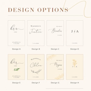 May include: A display of eight wedding vow card design options labelled Design A through Design H. Each card features unique typography, names, dates, and botanical illustrations in black and gold ink on a cream background with the text DESIGN OPTIONS.