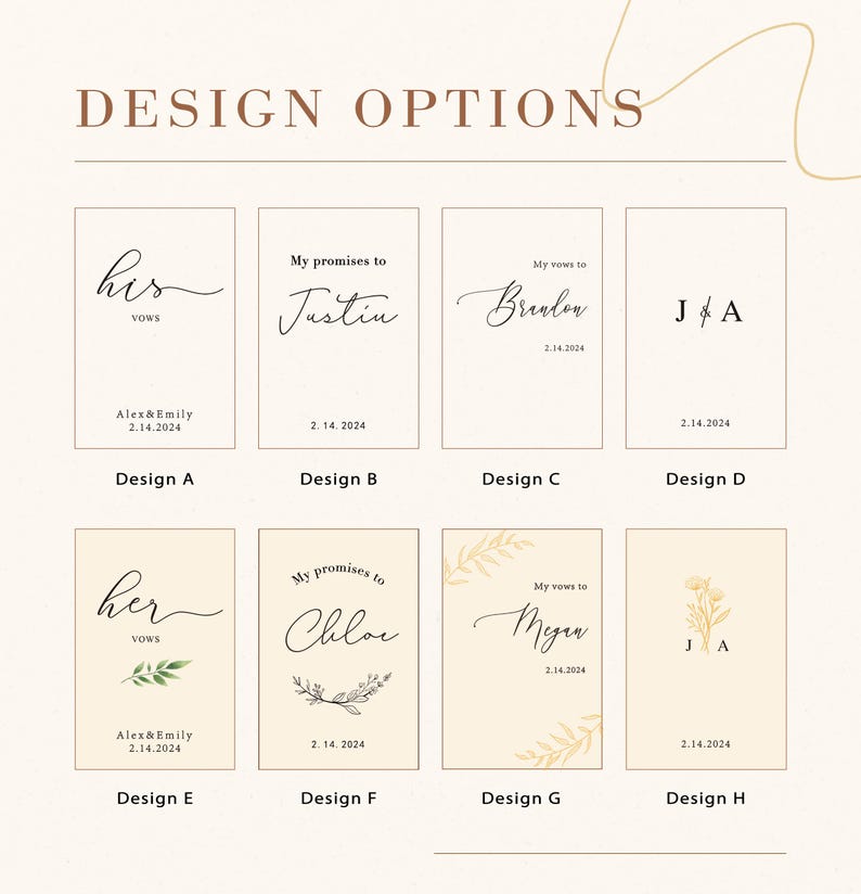 May include: A display of eight wedding vow card design options labelled Design A through Design H. Each card features unique typography, names, dates, and botanical illustrations in black and gold ink on a cream background with the text DESIGN OPTIONS.
