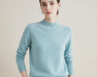 100% pure merinowollen trui voor dames, naadloze gebreide trui met opstaande kraag, zachte wollen top met lange mouwen, elegante winterbasislaagtrui