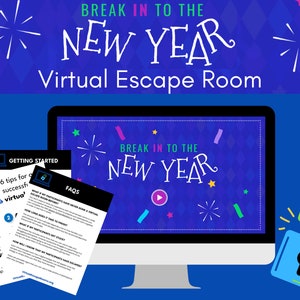 Può includere: Uno schermo di computer che mostra un gioco di escape room virtuale intitolato "Break in to the New Year". Lo schermo è circondato da coriandoli e stelle. Ci sono due documenti sullo schermo del computer, uno intitolato "Getting Started" e l'altro intitolato "FAQs".
