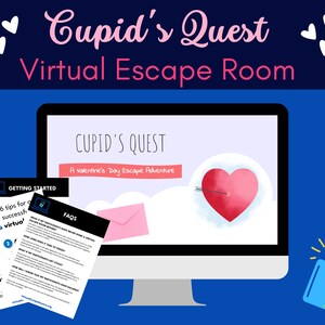 Puede incluir: Una pantalla de ordenador muestra "Cupid's Quest Virtual Escape Room" con un corazón atravesado por una flecha. Documentos titulados "Getting Started" y "FAQs" acompañan la aventura de San Valentín. También se muestra un candado azul abierto.