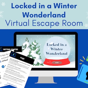 Könnte beinhalten: Ein Computerbildschirm zeigt ein virtuelles Escape-Room-Spiel namens "Eingeschlossen in einem Winterwunderland". Das Spiel zeigt eine Schneekugel mit einer Winterlandschaft im Inneren. Auf dem Bildschirm befinden sich zwei Dokumente, eines mit dem Titel "Getting Started" und das andere mit dem Titel "FAQs". Ein blaues Vorhängeschloss mit einem grünen Schlüsselloch ist entriegelt, was darauf hindeutet, dass das Spiel bereit zum Spielen ist.