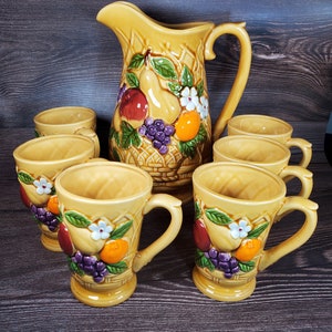 Vintage Juice Pitcher and 6 Juice Mugs Hand Painted Marked Japan in Box