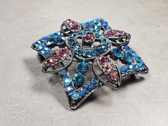 Vintage Silver Tone Blue and Pink Rhinestone Broo… - image 3