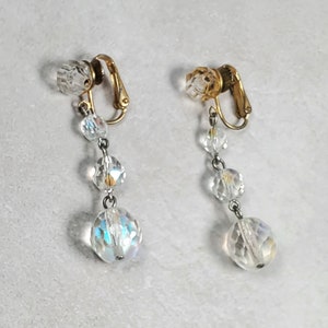 Vintage Aurora Borealis Iridescent Glass Bead Dangle Clip On Earrings