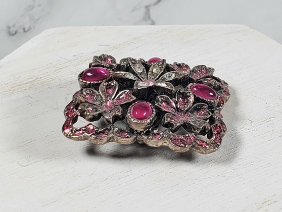 Vintage Antiqued Silver Tone Pink Jelly Cabachons… - image 2