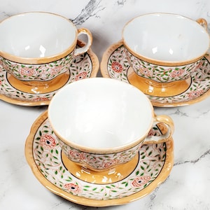 Vintage 3 Sets Tea Cups and Saucers Chikaramachi Handpainted Made in Japan Green Leaves Lusterware