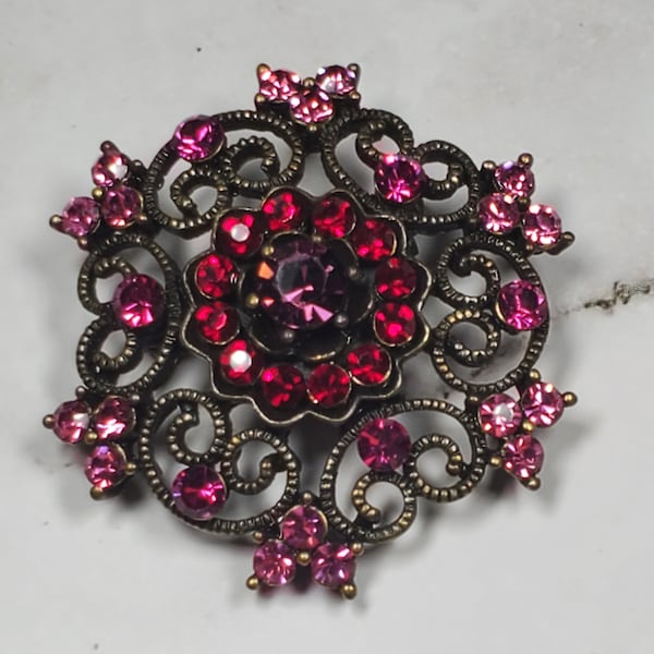 Vintage Pink and Red Rhinestone Ornate Metal Brooch