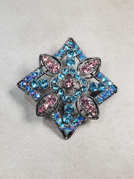 Vintage Silver Tone Blue and Pink Rhinestone Broo… - image 1