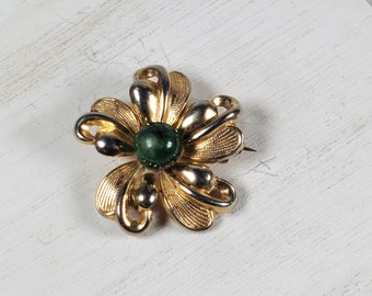 Vintage Gold Tone Flower Brooch with Green Stone Center Lapel Pin