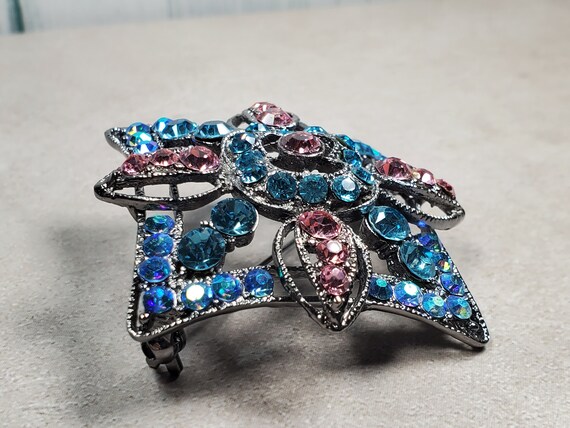 Vintage Silver Tone Blue and Pink Rhinestone Broo… - image 2