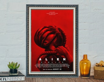 May include: A movie poster for the film "Alien: Romulus" featuring a red background with a close-up of a creature's face. The text "Alien: Romulus" is in white letters at the bottom of the poster. The poster also includes the release date "August 16".