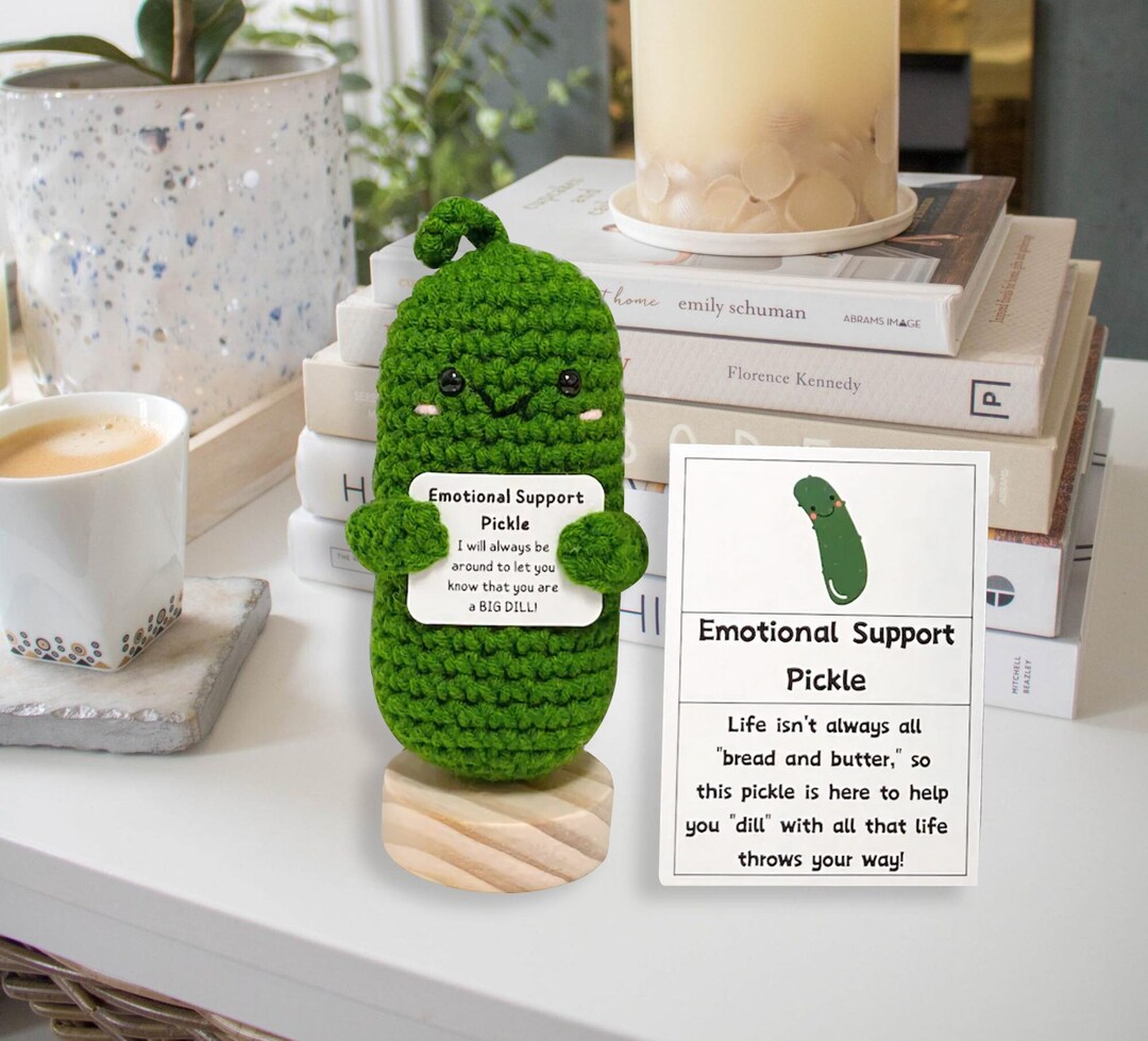 Emotional Support Pickle, Crochet Smile Sour Positive Cucumber, Green