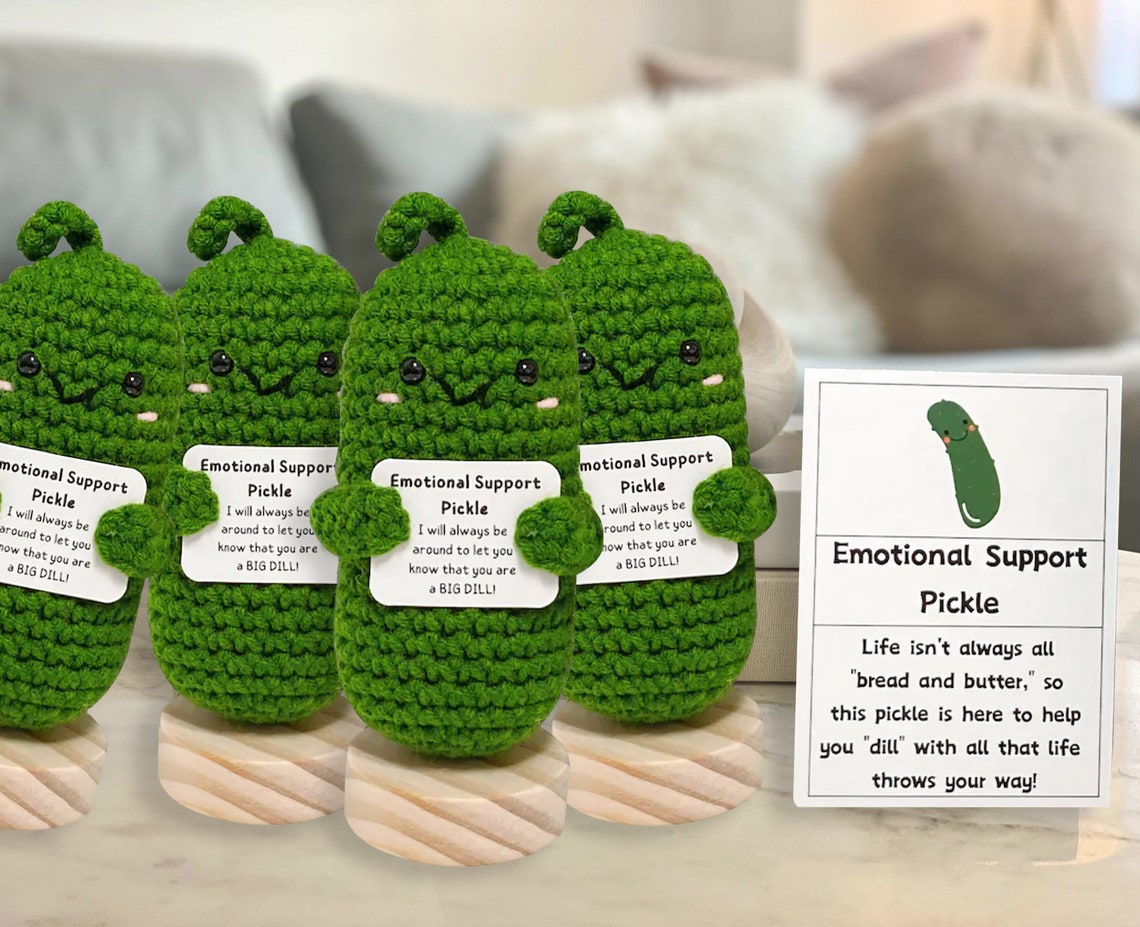 Emotional Support Pickle, Crochet Smile Sour Positive Cucumber, Green