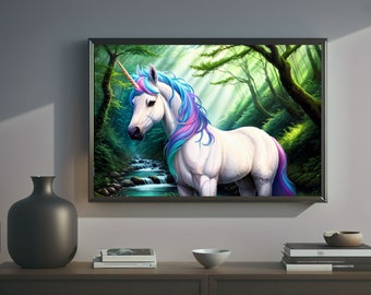 Unicorn in a forest, high quality digital print, wall decor, fantasy art, unicorn poster, unicorn wall art, 4k, fairy tale, unicorn (3)