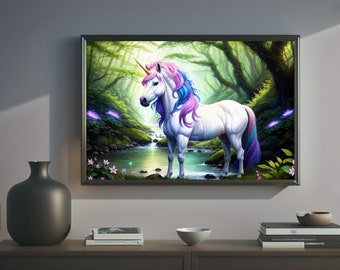 Unicorn in a forest, high quality digital print, wall decor, fantasy art, unicorn poster, unicorn wall art, 4k, fairy tale, unicorn (14)