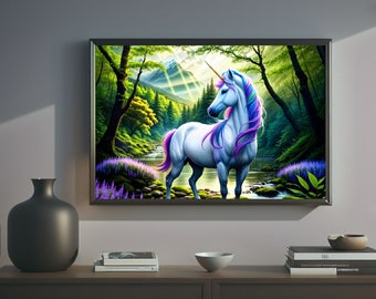 Unicorn in a forest, high quality digital print, wall decor, fantasy art, unicorn poster, unicorn wall art, 4k, fairy tale, unicorn (18)