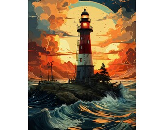 Coastal Lighthouse Art Print, Nautical Seascape Poster