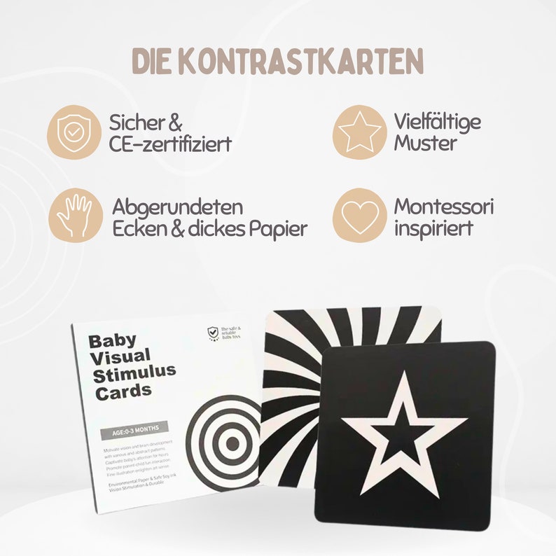 Montessori, Kontrastset, Kontrastkarten, Kontrastbuch, Kontrastball, Kontrastmobile, Puzzle Ball, Sensory Karten, Stoffbuch, Schwarz Weiß