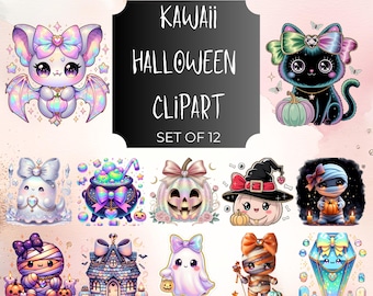 Kawaii Halloween Clipart, Iridescent Ghost, Bat PNG Digital Download