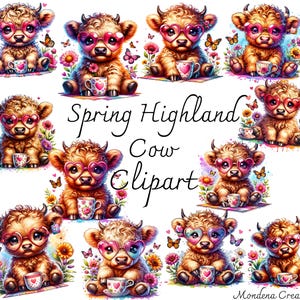 Watercolor Spring Highland Cow Clipart Set , Easter Spring Highland Cow Clipart Bundle, Baby Cow Clipart Bundle, Easter Sublimation Design
