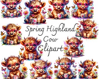 May include: A digital clipart set featuring ten adorable Highland cows wearing heart-shaped sunglasses and holding a cup of tea. The cows are surrounded by colorful flowers and butterflies. The text "Spring Highland Cow Clipart" is displayed at the top of the image.