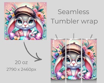 Easter Bunny Seamless Tumbler Wrap, Kawaii Floral Rabbit Sublimation Design (Digital Download)