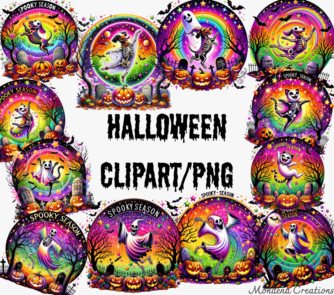 Funny Halloween Clipart PNG: Dog Skeleton, Cat Ghost (digital Download ...