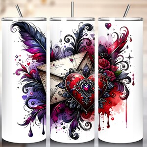 Romantasy Tumbler PNG: Akwarelowy wzór serca i róż (pobranie cyfrowe)