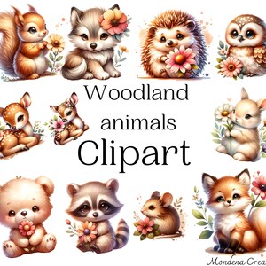 Woodland Animals Clipart Watercolor, Cute Creature Clipart Set, Nursery Clipart Transparent PNGs, Fox, Bear, Deer Sublimation Design Files