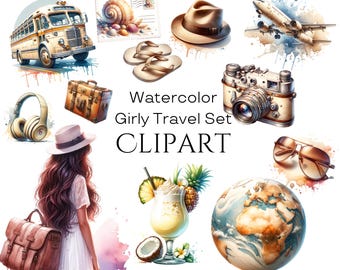 Watercolor Girly Travel Clipart: Feminine PNG Set (Digital Download)