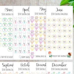 May include: A set of 12 printable monthly savings challenge trackers. Each month features a different theme and cute illustrations. The tracker is designed to help you save $500 per month.