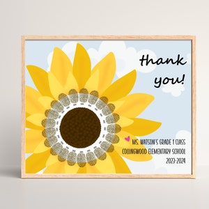 Art d'empreinte digitale de tournesol, cadeau personnalisé de fin d'année pour la carte de remerciement d'appréciation d'enseignant, imprimable 8 x 10 modifiable, téléchargement immédiat