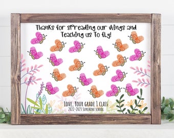 Fingerprint Butterfly Heart Teacher Appreciation Gift, DIY Printable 8x10 Custom, Personalized Gift for Teacher, Year end Gift for Teacher