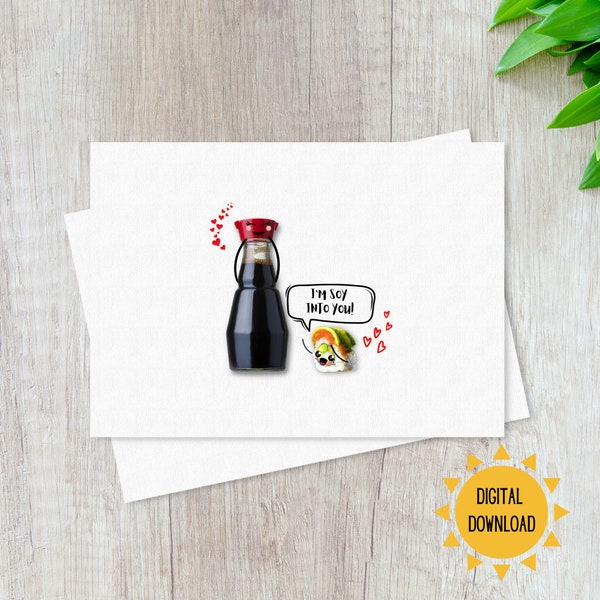 Anniversary Card Printable Love You Card 5x7 Instant Download Printable Envelope Food Pun Card Soy Sauce Sushi Card