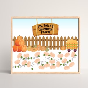 May include: A framed print featuring a whimsical autumn scene. The artwork includes a wooden sign that reads "Ms. Sally's Thumbkin Patch", a wooden fence, pumpkins, hay bales, and thumbprint pumpkins. The background is a light blue sky.