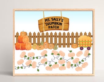Thumbkin Patch Fingerprint Art Halloween: Personalized Pumpkin Patch Class Art Project, Fall Fingerprint Art, Printable 8x10