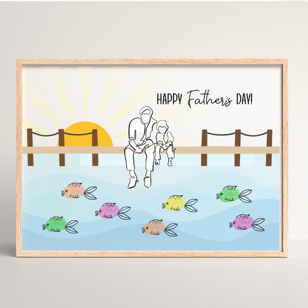 Father's Day Fingerprint Craft Printable Line Art Fish 8x10 Instant Download Thumbprint Gift From Child to Dad, Happy Fathers Day Gift