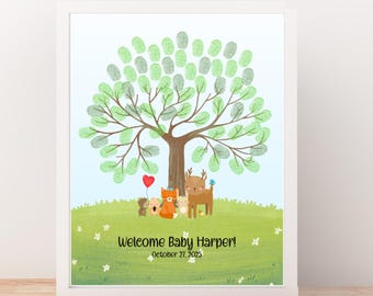 Libro de visitas con huellas dactilares para baby shower: recuerdo editable, tema de bosque personalizado, arte imprimible de 8x10 y 11x14