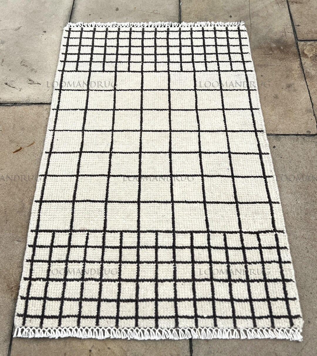 2x3 Hand Knotted Wool Rug Black Grid Pattern Ivory Modern Small Area ...