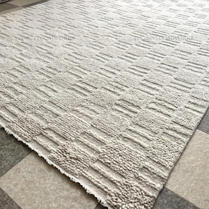 Ivoorwollen vloerkleed met hoog-laagtextuur, handgeknoopt geometrisch tapijt, modern neutraal vloerkleed 8 x 10, verhoogd patroon woonkamer slaapkamer vloerdecor