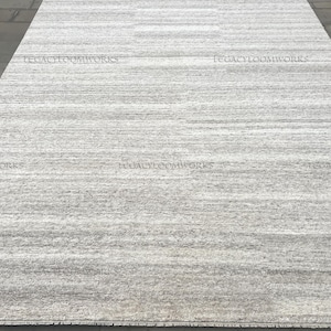 Ivory Grey Wool Rug, Hand Knotted Solid Carpet, Minimalist Modern Neutral Area Rug 8x10 9x12, Soft Wool Floor Rug for Living Room Bedroom