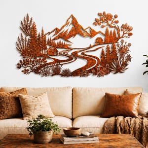 Metal Mountain Wall Art | Nature Landscape Decor | Pine Tree Forest & Cabin Sign | Minimalist Living Room Decor | Large Outdoor Metal Art
