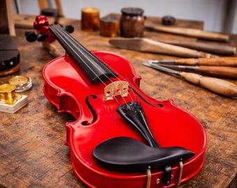 Red Handmade Maple Wood Violin – All Sizes, Great Sound for Students, Musicians & Professionals, Includes Velvet Case, Bow, Rosin