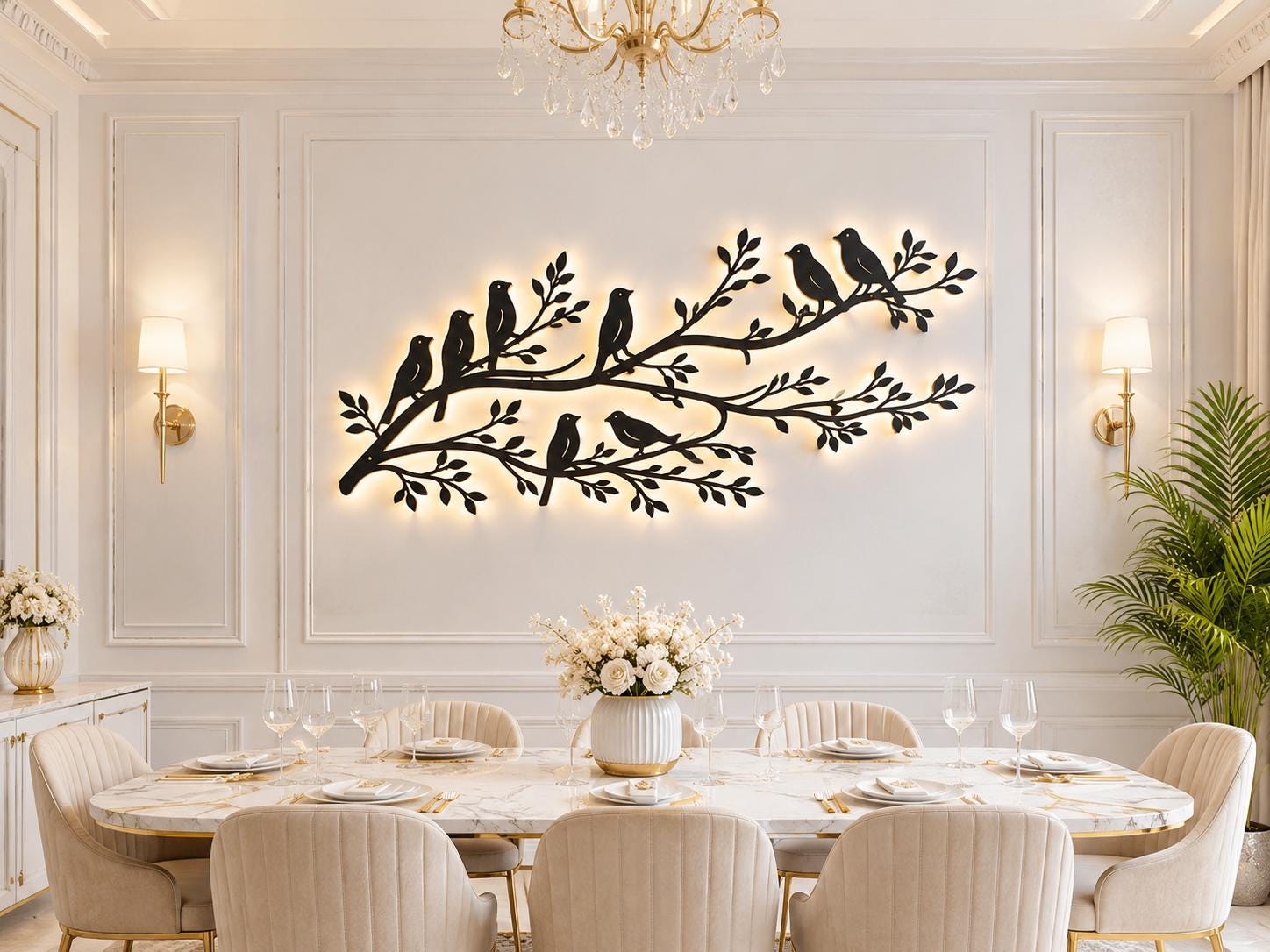 Large Metal Birds on Branch Wall Art With Backlight L.E.D – 3D Abstract ...
