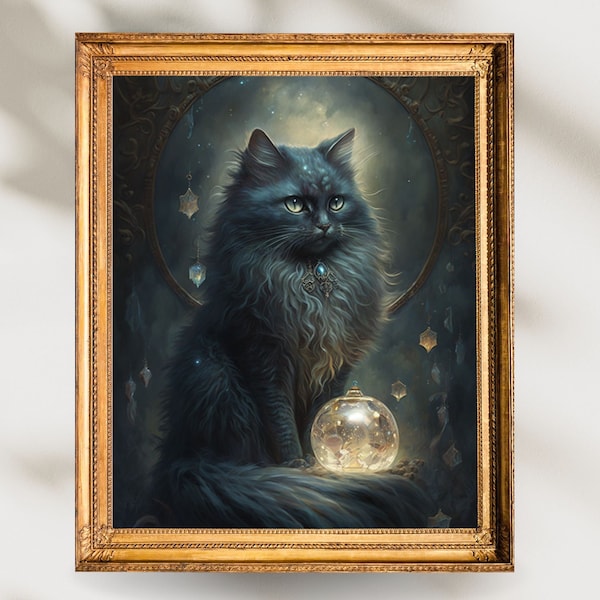 cat art/Dark Academia/Cottage Core/Victorian owl/Witchy Room Decor/Gothic home decor/magic cat painting/cat painting /vintage cat/Gotic cat