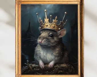 Painting of a rat king wearing a crown and robes